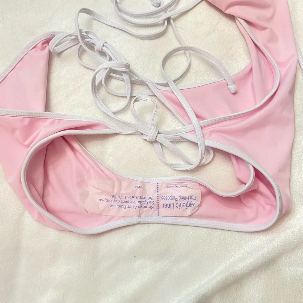 Frankie's Bikinis Pink One-Piece Cutout Swimsuit with Cream Trim